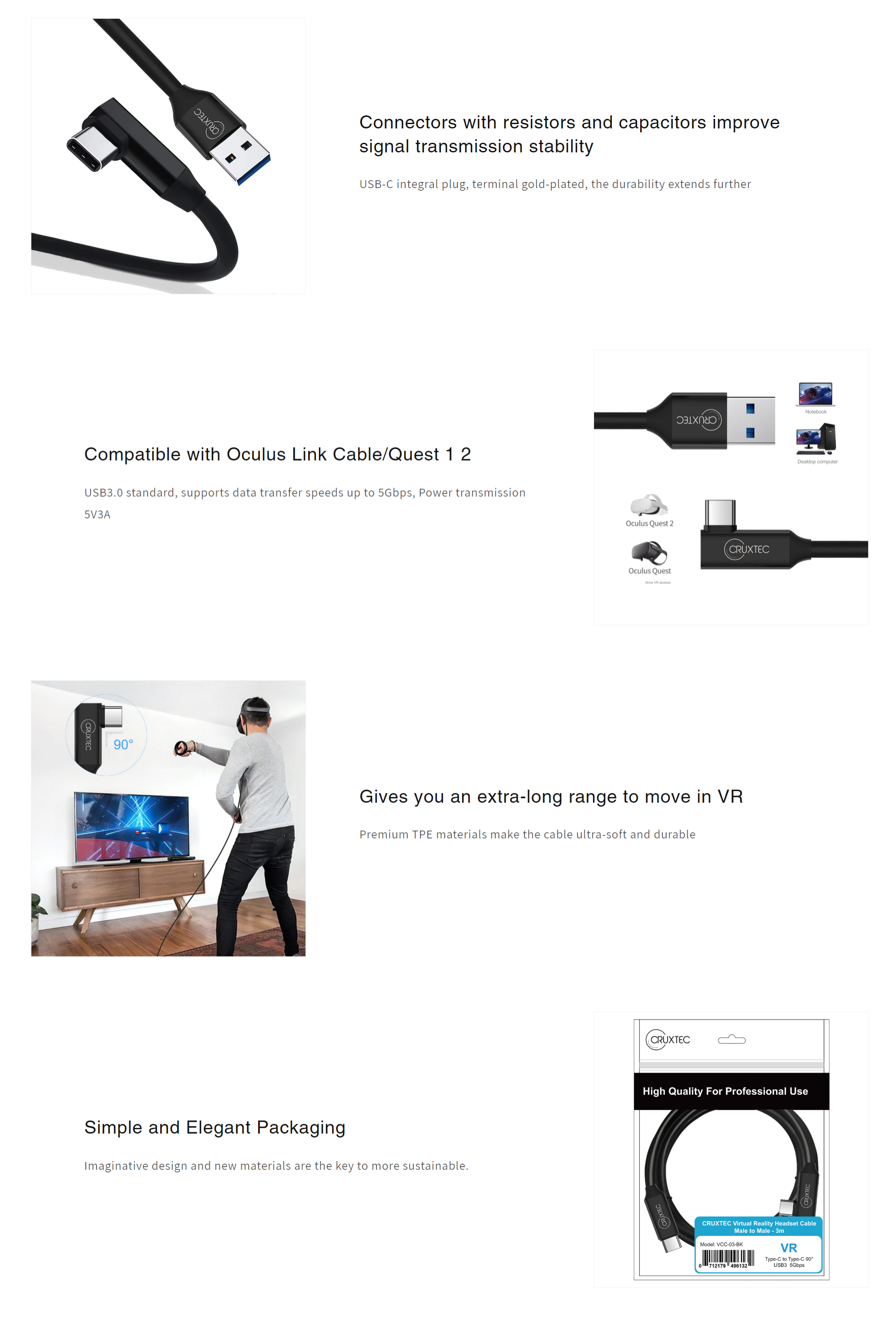 A large marketing image providing additional information about the product Cruxtec USB-A to USB-C 90 Degree Angle VR Cable - 3m - Additional alt info not provided